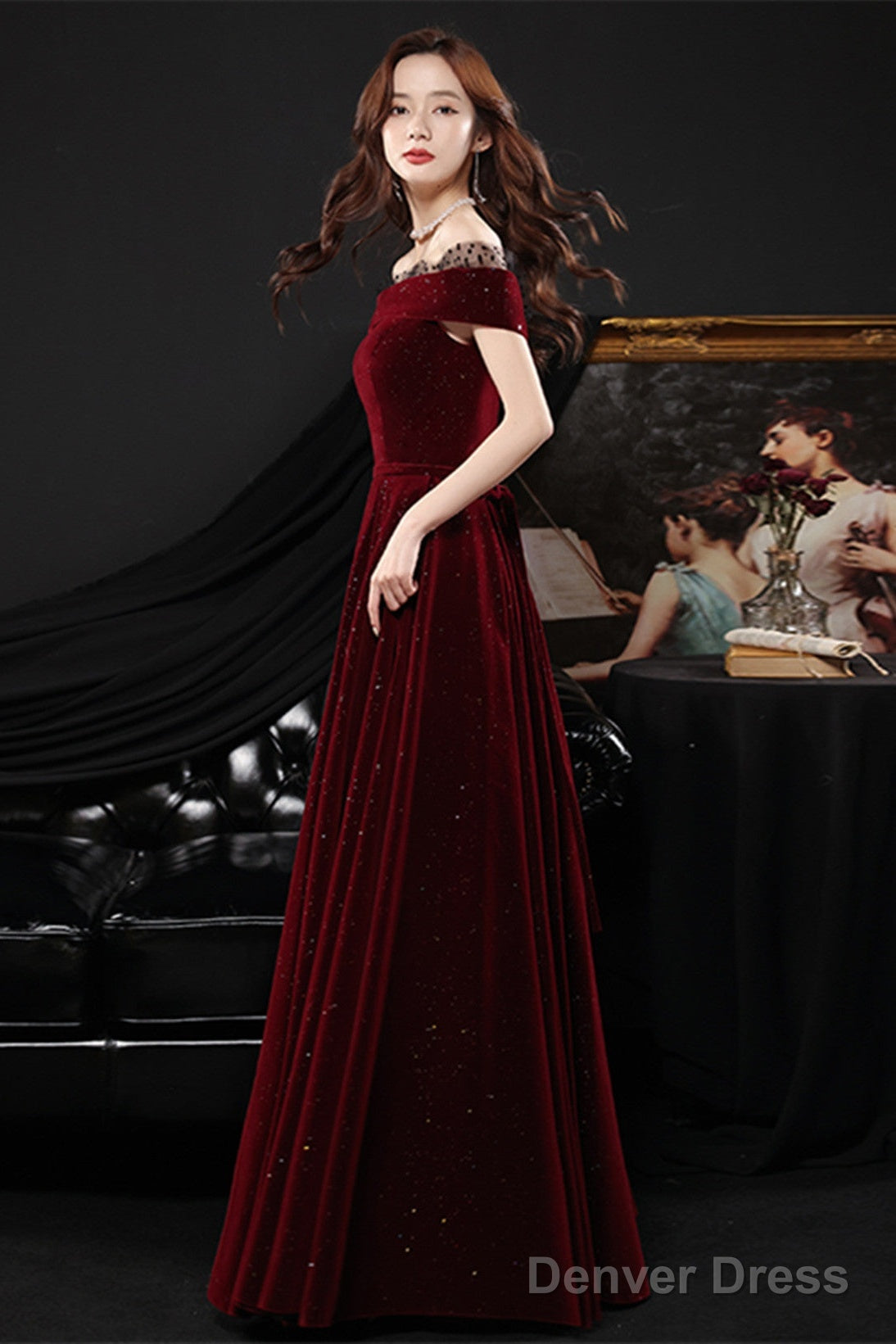 Wine Red Off Shoulder Simple Scoop Long Prom Dress, Wine Red Prom Dresses Main image