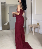 Wine Red Off Shoulder Straps Multi-Layered Ruffles Long Prom Dresses