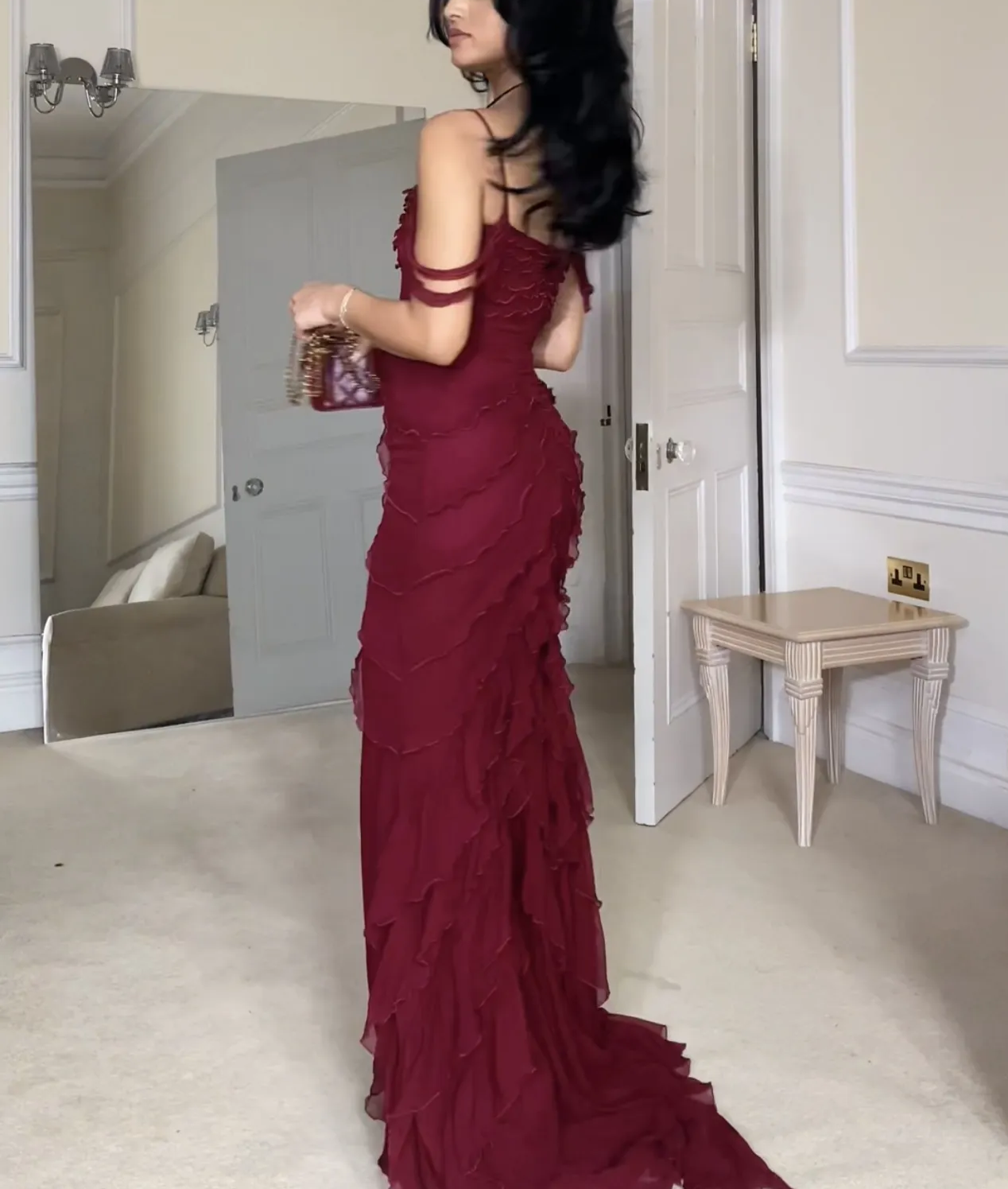 Wine Red Off Shoulder Straps Multi-Layered Ruffles Long Prom Dresses