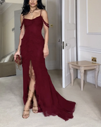 Wine Red Off Shoulder Straps Multi-Layered Ruffles Long Prom Dresses