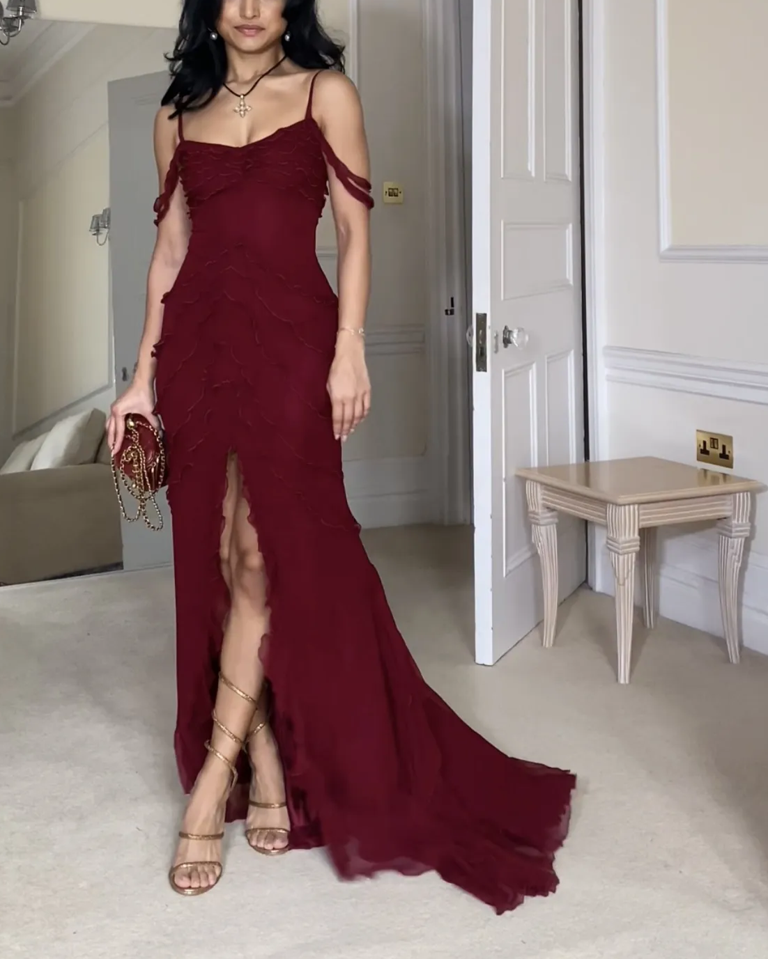 Wine Red Off Shoulder Straps Multi-Layered Ruffles Long Prom Dresses