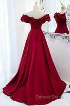Wine Red Off Shoulder Sweetheart Long Party Dresses, Wine Red Prom Dresses Evening Dresses