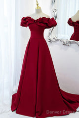Wine Red Off Shoulder Sweetheart Long Party Dress, Wine Red Prom Dress Evening Dress