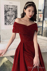 Wine Red Off Shoulder Tea Length Velvet Party Dress, Wine Red Prom Dress