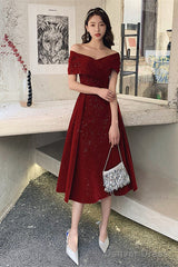 Wine Red Off Shoulder Tea Length Velvet Party Dress, Wine Red Prom Dress