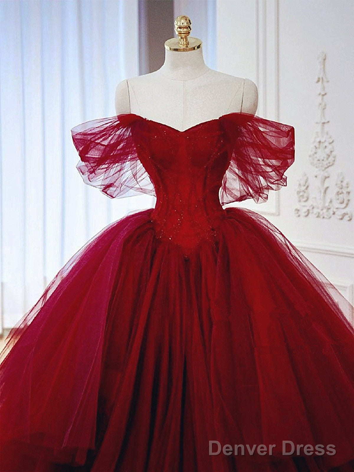 Wine Red Off Shoulder Tulle Beaded Long Formal Dress, Wine Red Tulle Sweet 16 Dress Secondary image