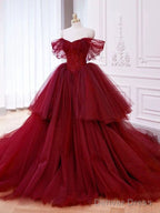 Wine Red Off Shoulder Tulle Beaded Long Formal Dress, Wine Red Tulle Sweet 16 Dress