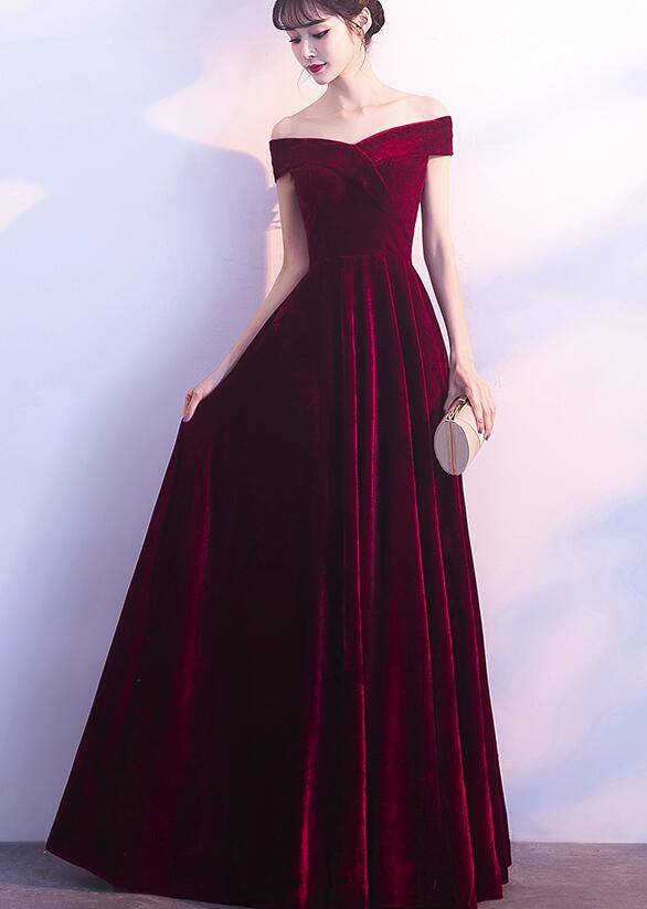Wine Red Off Shoulder Velvet Long Wedding Prom Dresses, Charming Prom Gowns Secondary image