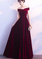 Wine Red Off Shoulder Velvet Long Wedding Prom Dresses, Charming Prom Gowns