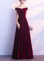 Wine Red Off Shoulder Velvet Long Wedding Prom Dresses, Charming Prom Gowns