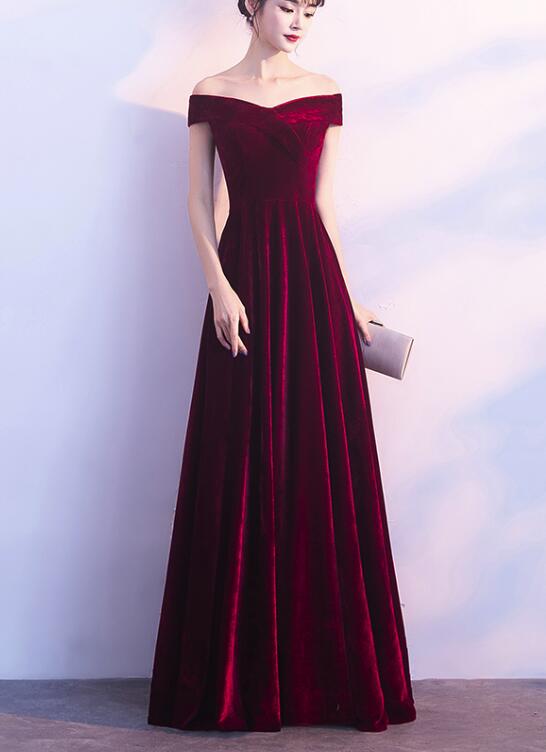 Wine Red Off Shoulder Velvet Long Wedding Prom Dresses, Charming Prom Gowns