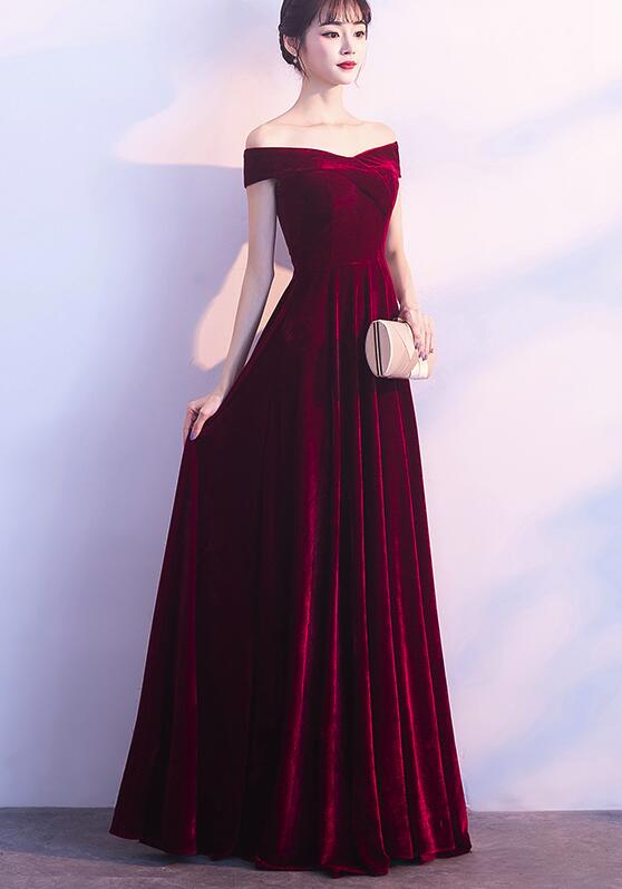 Wine Red Off Shoulder Velvet Long Wedding Prom Dresses, Charming Prom Gowns