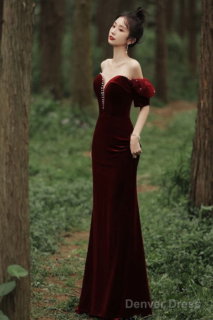 Wine Red Off Shoulder Velvet Mermaid Wedding Party Dress, Wine Red Long Prom Dress