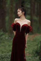 Wine Red Off Shoulder Velvet Mermaid Wedding Prom Dress, Wine Red Long Prom Dresses