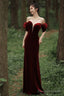 Wine Red Off Shoulder Velvet Mermaid Wedding Party Dress, Wine Red Long Prom Dress