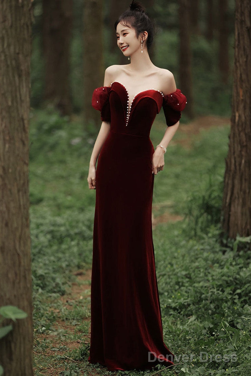 Wine Red Off Shoulder Velvet Mermaid Wedding Prom Dress, Wine Red Long Prom Dresses Main image