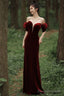 Wine Red Off Shoulder Velvet Mermaid Wedding Prom Dress, Wine Red Long Prom Dresses