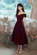 Wine Red Off Shoulder Velvet Tea Length Party Dress, Velvet Prom Dress Homecoming Dress