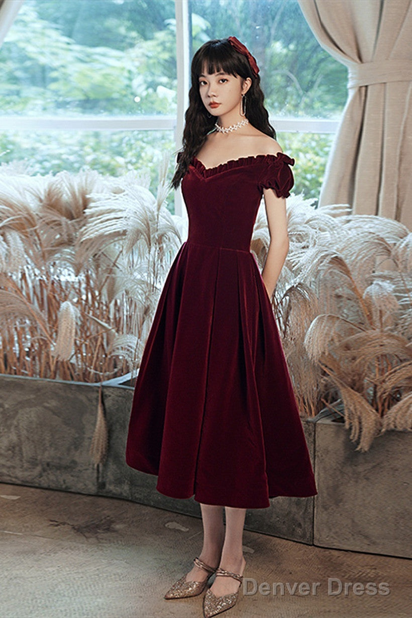 Wine Red Off Shoulder Velvet Tea Length Prom Dress, Velvet Prom Dress Homecoming Dresses