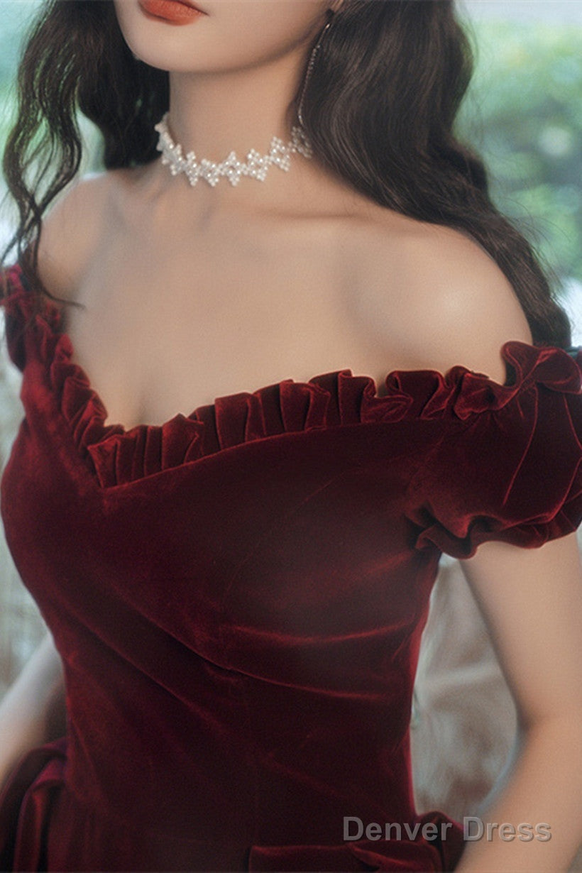 Wine Red Off Shoulder Velvet Tea Length Party Dress, Velvet Prom Dress Homecoming Dress