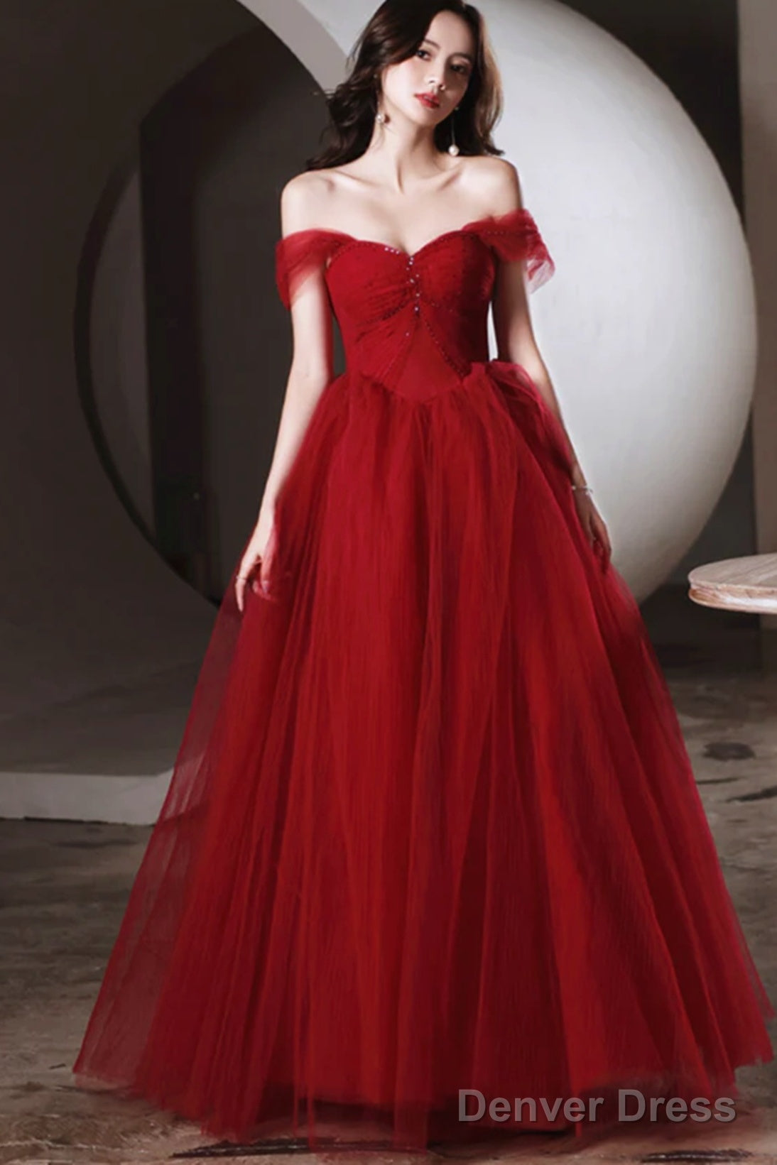 Wine Red Off Shouldertulle Long A-Line Prom Dress, Wine Red Sweetheart Evening Dress