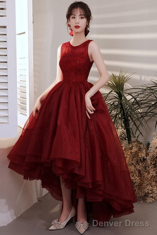 Wine Red Organza Lace High Low Chic Party Dresses Prom Dress, Wine Red Homecoming Dresses