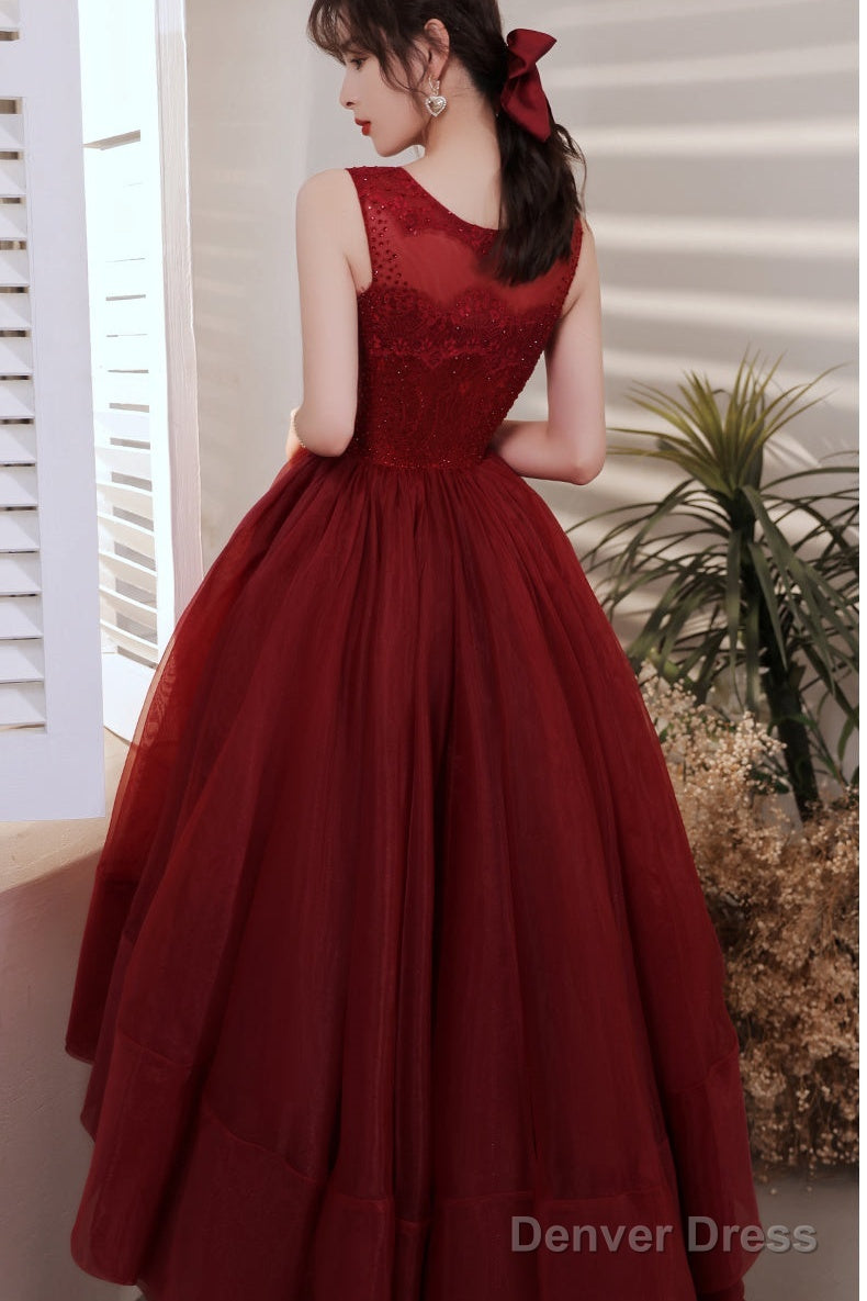 Wine Red Organza Lace High Low Chic Party Dresses Prom Dress, Wine Red Homecoming Dresses