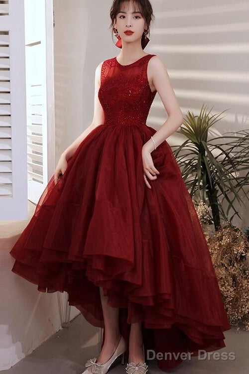 Wine Red Organza Lace High Low Chic Party Dresses Prom Dress, Wine Red Homecoming Dresses Main image