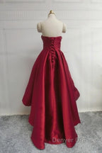 Wine Red Pretty High Low Party Dresses, Wine Red Homecoming Dresses, Lace-Up Junior Prom Dresses