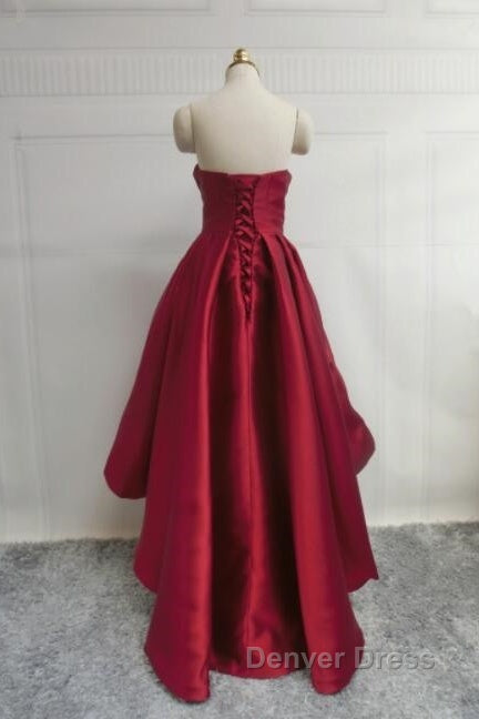 Wine Red Pretty High Low Party Dresses, Wine Red Homecoming Dresses, Lace-Up Junior Prom Dresses