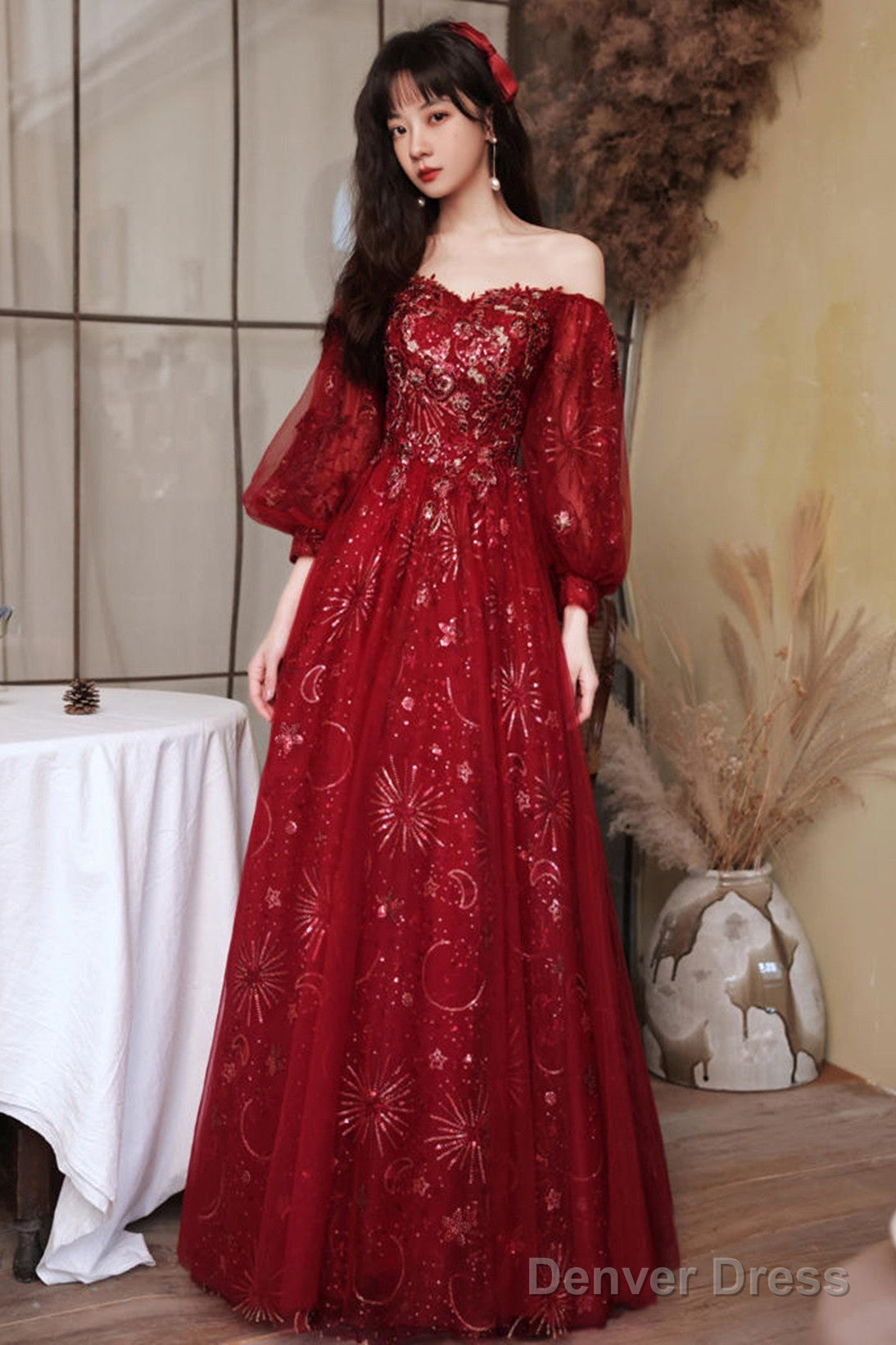 Wine Red Puffy Sleeves Tulle Long Party Dress, A-Line Wine Red Floor Length Prom Dress Main image