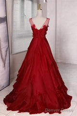 Wine Red Round Neckline A-Line Beaded Party Dress, Wine Red Long Prom Dress