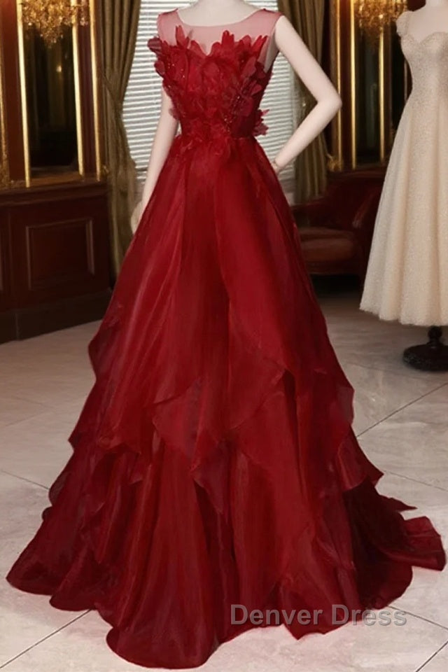 Wine Red Round Neckline A-Line Beaded Party Dresses, Wine Red Long Prom Dresses Main image