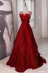 Wine Red Round Neckline A-Line Beaded Party Dress, Wine Red Long Prom Dress