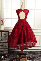 Wine Red Round Neckline Lace High Low Homecoming Dresses, High Low Formal Dresses