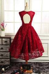 Wine Red Round Neckline Lace High Low Homecoming Dress, High Low Formal Dress