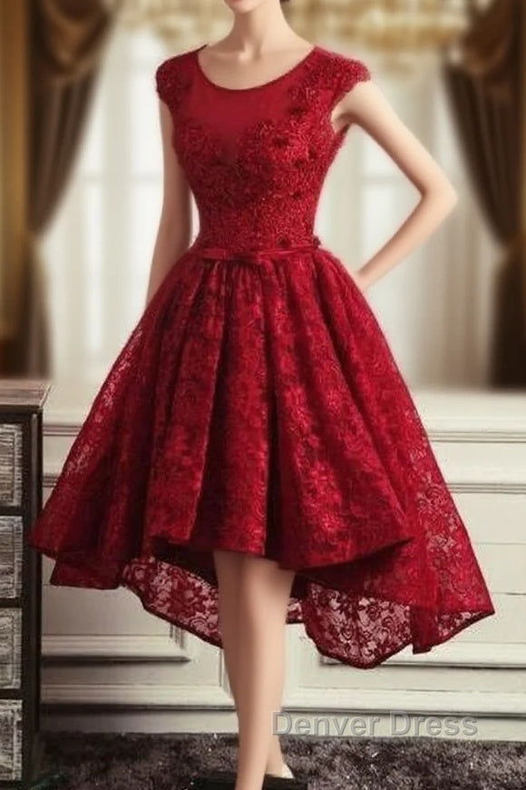 Wine Red Round Neckline Lace High Low Homecoming Dresses, High Low Formal Dresses Main image