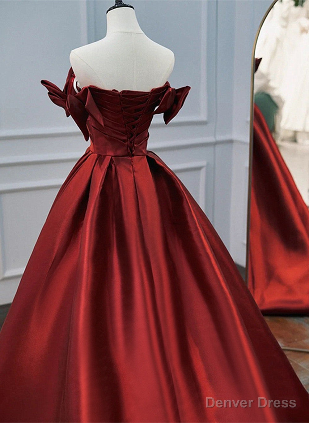 Wine Red Satin A-line Beaded Off Shoulder Party Dress, Wine Red Prom Dress Formal Dress