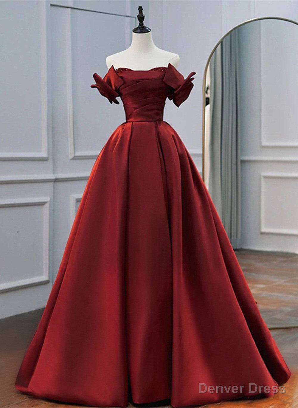 Wine Red Satin A-line Beaded Off Shoulder Party Dress, Wine Red Prom Dress Formal Dress Main image