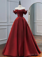 Wine Red Satin A-line Beaded Off Shoulder Party Dress, Wine Red Prom Dress Formal Dress