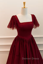 Wine Red Satin A Line Floor Length Prom Dress, Wine Red Prom Dresses
