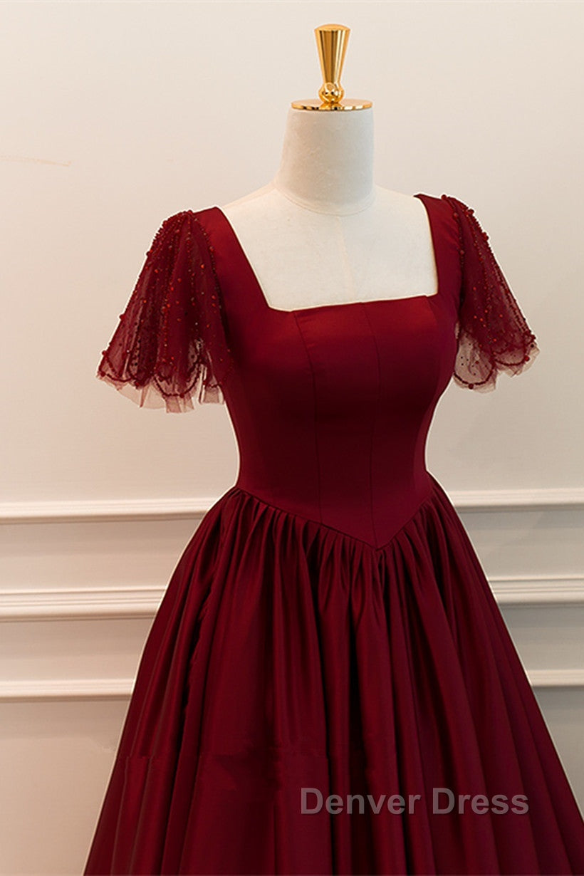 Wine Red Satin A Line Floor Length Prom Dress, Wine Red Prom Dresses