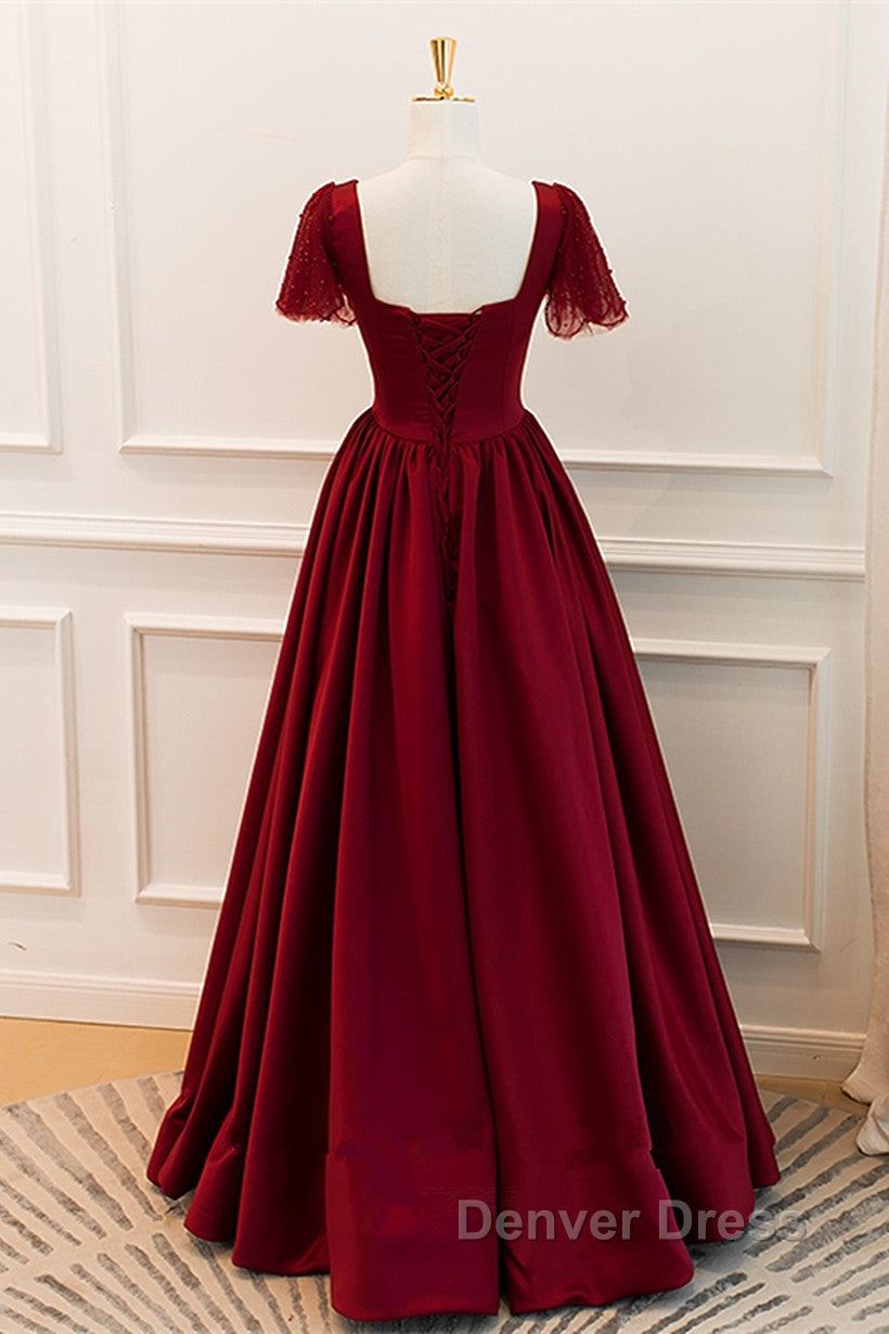 Wine Red Satin A Line Floor Length Prom Dress, Wine Red Prom Dresses