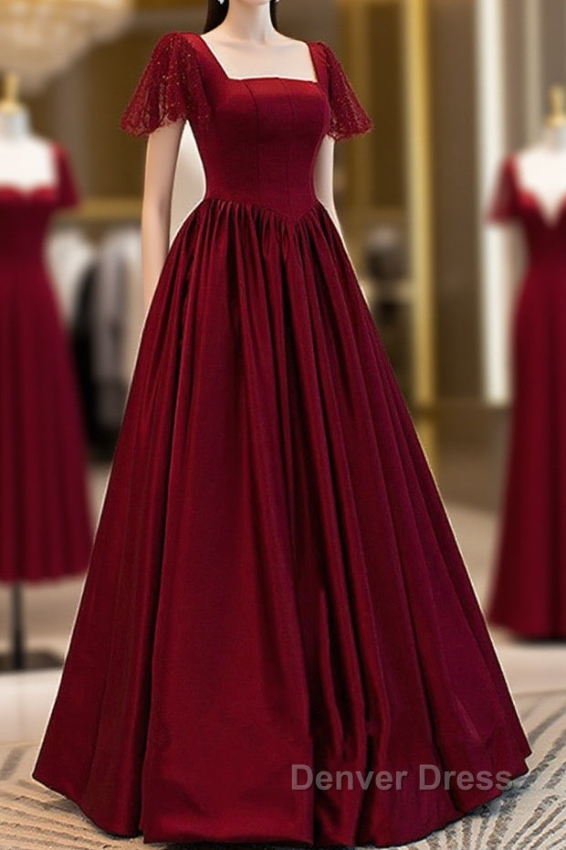 Wine Red Satin A Line Floor Length Prom Dress, Wine Red Prom Dresses Main image