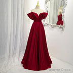Wine Red Satin A Line Floor Length Prom Dress, Burgundy Long Prom Dresses