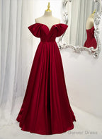 Wine Red Satin A Line Floor Length Prom Dress, Burgundy Long Prom Dresses