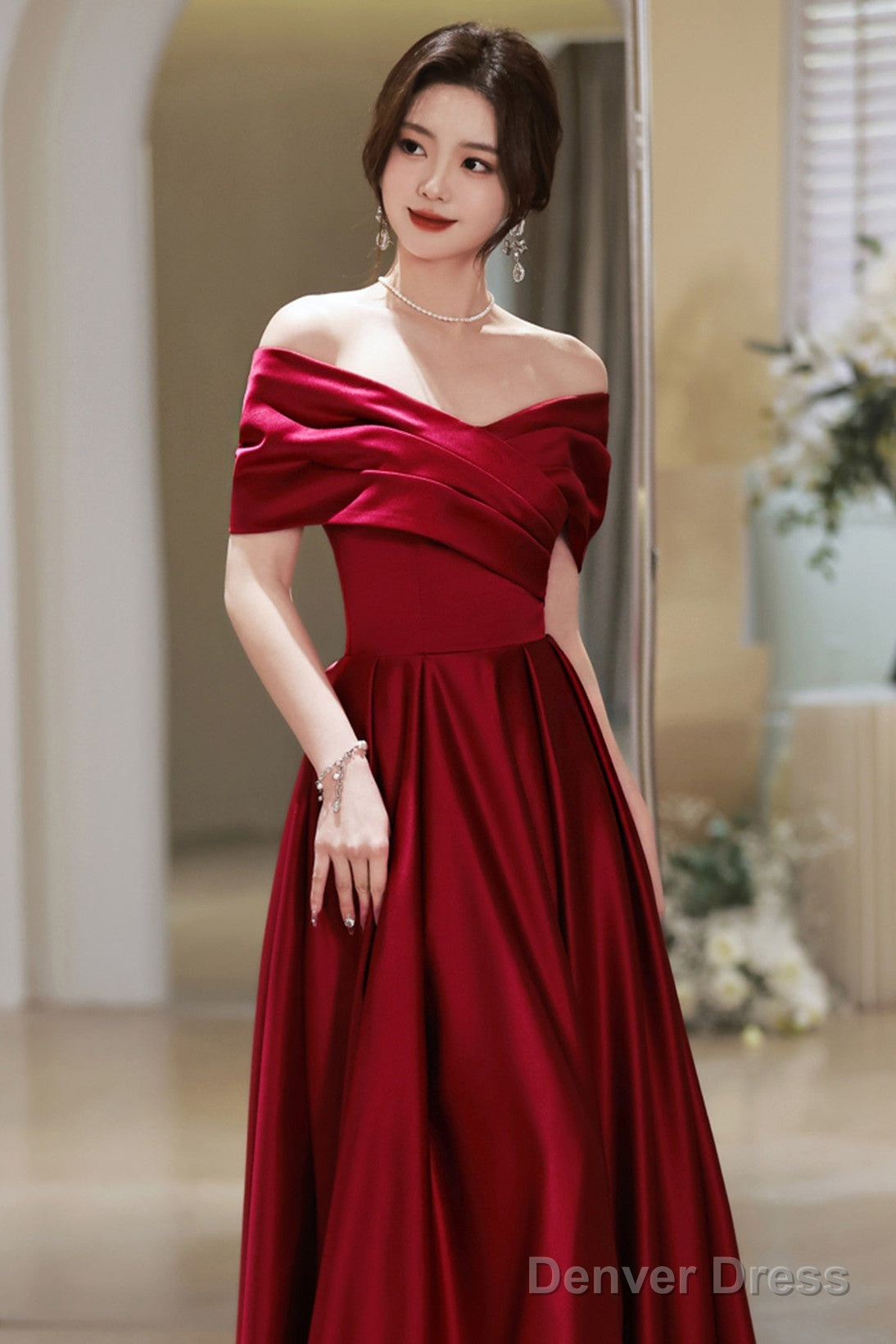 Wine Red Satin A-Line Off Shoulder Long Prom Dress, Wine Red Simple Pr Denver Dress Wine Red Satin A-Line Off Shoulder Long Prom Dress, Wine Red Simple Pr Denver Dress