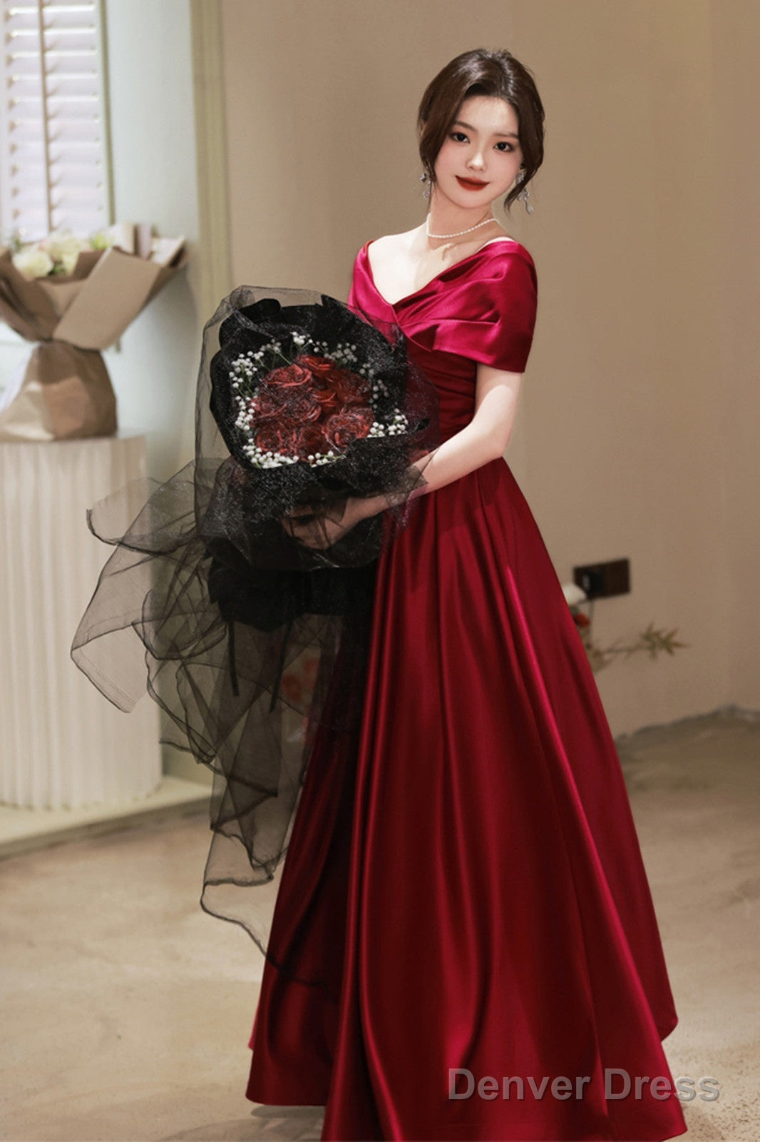 formal dresses wine red Wine Red Satin A-Line Off Shoulder Long Prom Dress, Wine Red Simple Pr –  Denver Dress
