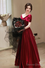 Wine Red Satin A-Line Off Shoulder Long Party Dress, Wine Red Simple Prom Dress