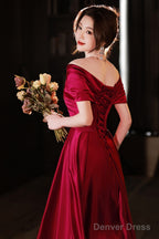 Wine Red Satin A-Line Off Shoulder Long Party Dress, Wine Red Simple Prom Dress